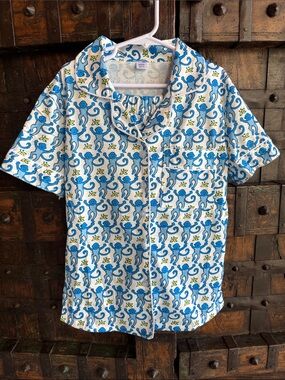 Blue Monkey-Print kids polo pajama shirt and matching shorts
